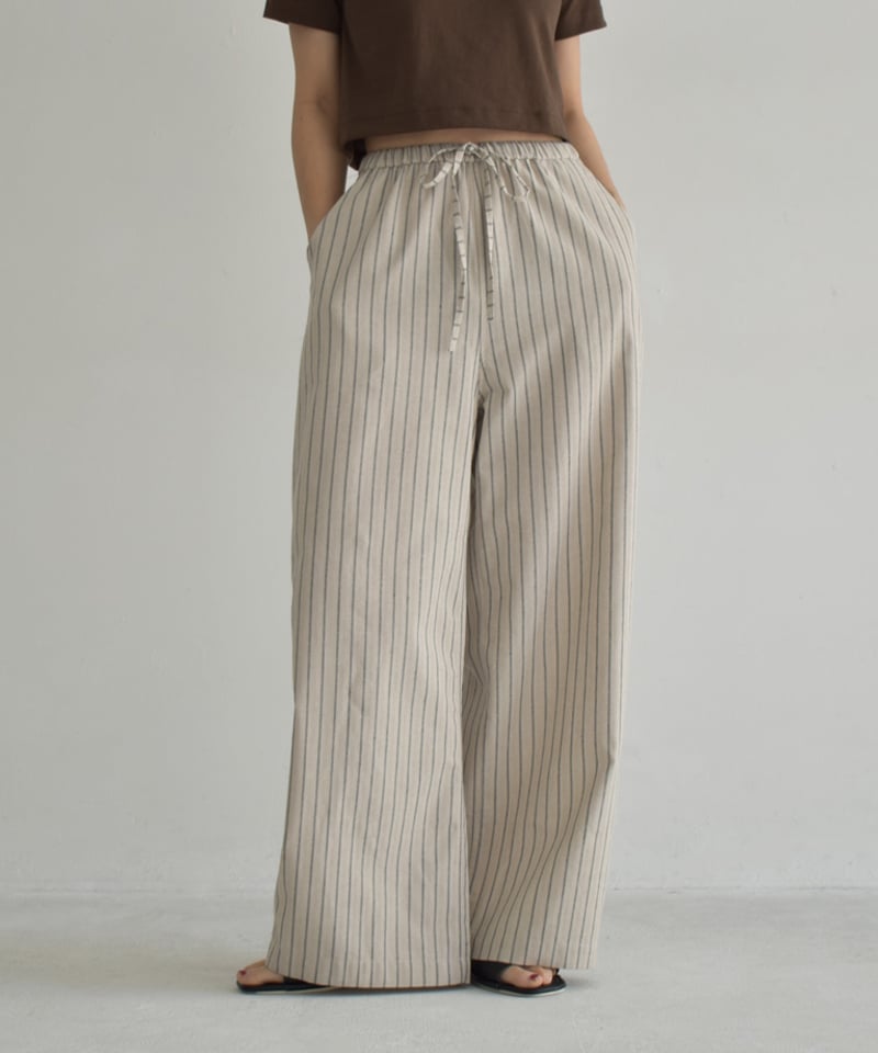 美品クリーニング済☆プランテーション　麻混　ストライプ　ワイドパンツ　総ゴム bottoms-02278 リネン混ストライプワイドパンツ ホワイト グレー