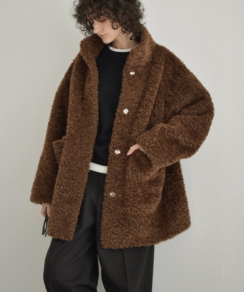 coat-02065 プードルボア ハイネック ミディコート エクリュ ブラウン