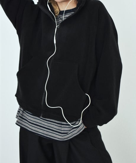 tops-02642　ドロスト フリース ジップ パーカー　エクリュ　ブラック