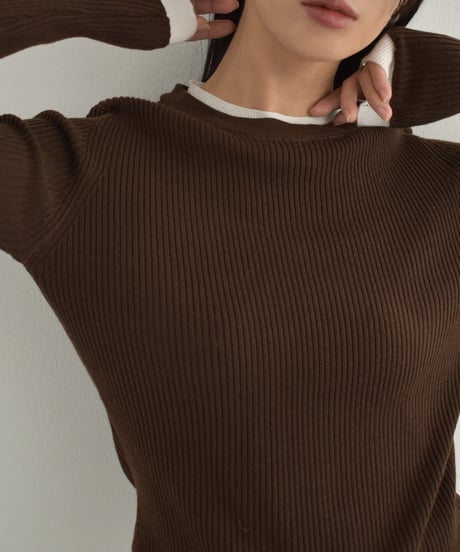 knit-02296　レイヤードライク バイカラーニット トップス　ブラウン　ブラック