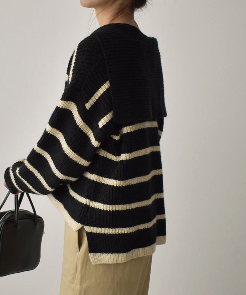 knit-02173 ボーダー セーラーニット エクリュ ブラック | L