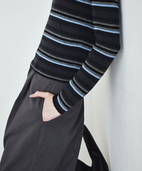 nh-knit-02394　マルチボーダー ヘンリーニットトップス　ライトグレー　チャコール