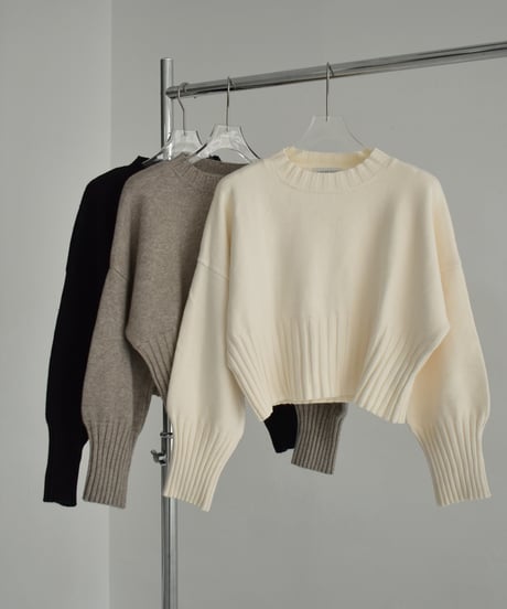 knit-02311　ウエスト リブデザイン クロップド ニット　エクリュ　モカベージュ　ブラック