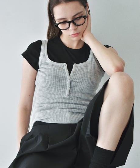 nh-knit-02383　ヘンリーネック シアー タンク　エクリュ　イエロー　ブルー　グレー　ブラック