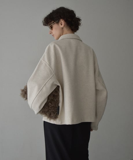 outer-02092　ウールライク ショートジップブルゾン　エクリュ　グレー　ブラウン