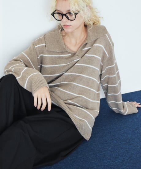 knit-02389　ポロカラー ボーダー ニット　ベージュ　ブラウン
