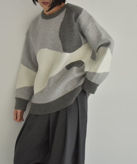 knit-02315　ニュアンス柄 配色 クルーネック ニット　グレー　ブルー
