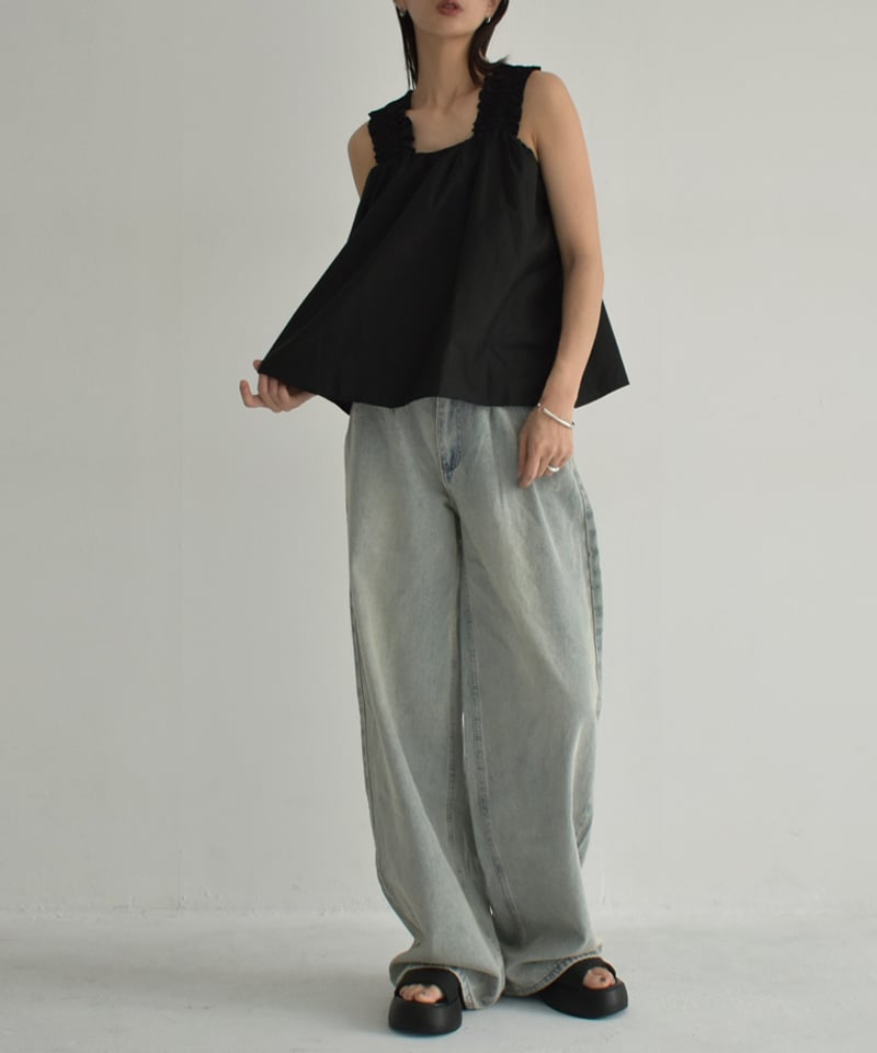 tops-02479 ギャザータンク ブラウス ホワイト ブラック | L tops-02479 ギャザータンク ブラウス ホワイト ブラック | L