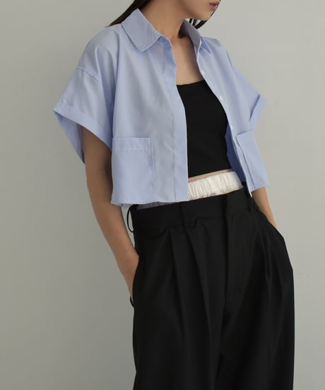 tops-02482　フロントポケット クロップドシャツ　ブルー　ブラック