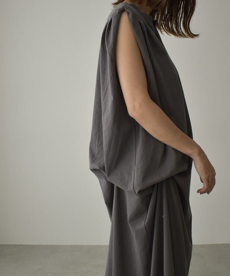 onepiece-02053 アシンメトリー ギャザーワンピース チャコール
