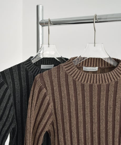 knit-02313　バイカラー コットン リブ ニット　ブラウン　ブラック