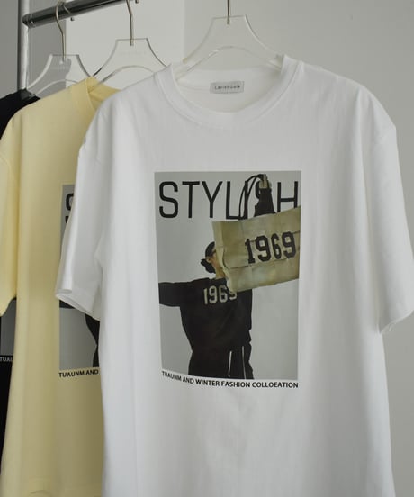 nh-tops-02505　オーバーサイズ フォトTシャツ　ホワイト　クリーム　ブラック