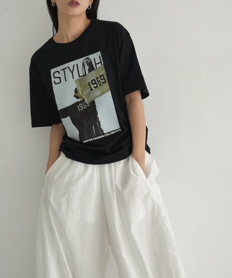 nh-tops-02505　オーバーサイズ フォトTシャツ　ホワイト　クリーム　ブラック