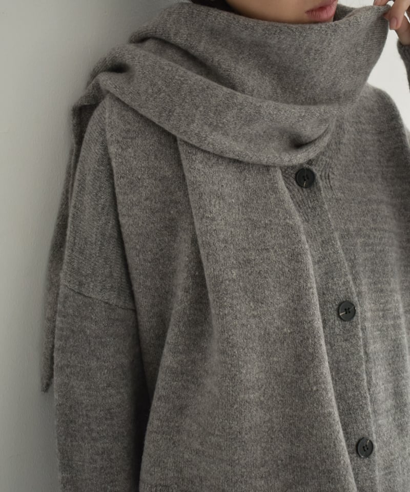 knit-02293 マフラー付き ニットカーディガン ブラウン グレー knit-02293 マフラー付き ニットカーディガン ブラウン グレー