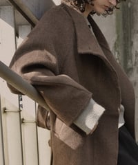coat-02062　ラグランスリーブ スタンドカラー ウール ミディ コート リバー仕立て　エクリュ　ブラウン