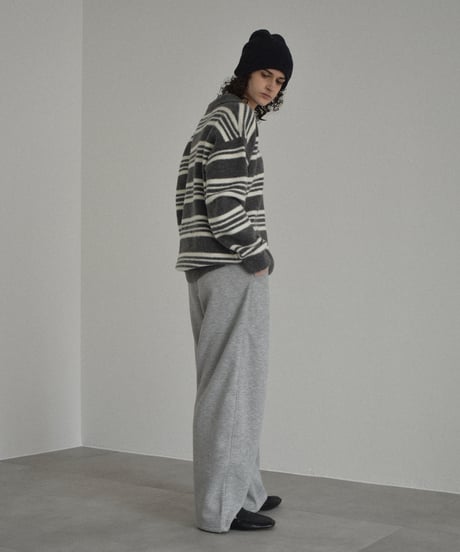 knit-02368　ポロカラー ボーダー ニット　グレー　ブラウン