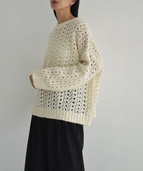 knit-02284　透かし編み モヘア ニット プルオーバー　エクリュ　チャコール