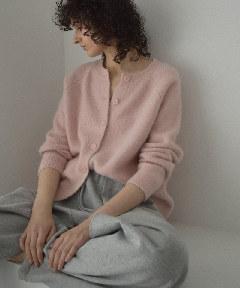 knit-02370 アルパカ混 クルーネック ニット カーディガン ピンク