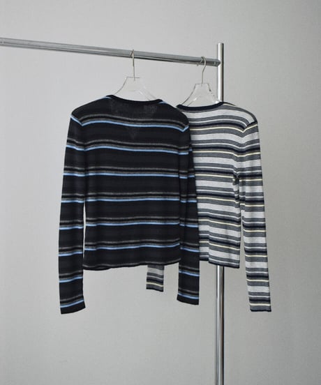 nh-knit-02394　マルチボーダー ヘンリーニットトップス　ライトグレー　チャコール