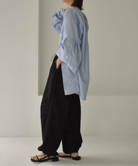 tops-02392　ワイドスリットスリーブ ストライプシャツ　ブルー