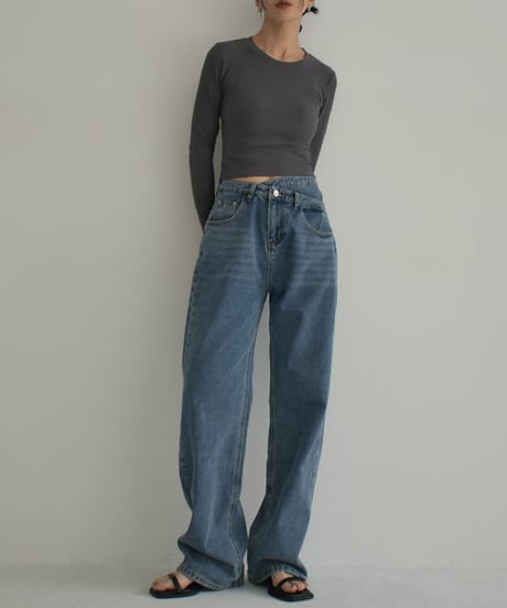 bottoms-02232　ウエストデザイン ストレートデニム ウォッシュブルー