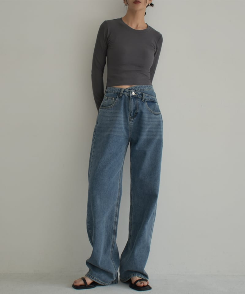 bottoms-02232 ウエストデザイン ストレートデニム ウォッシュブルー