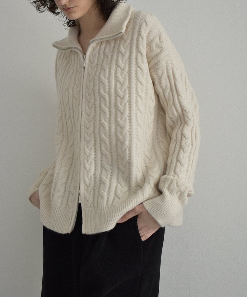 knit-02367 ダブルジップ ケーブル ニット エクリュ グレージュ
