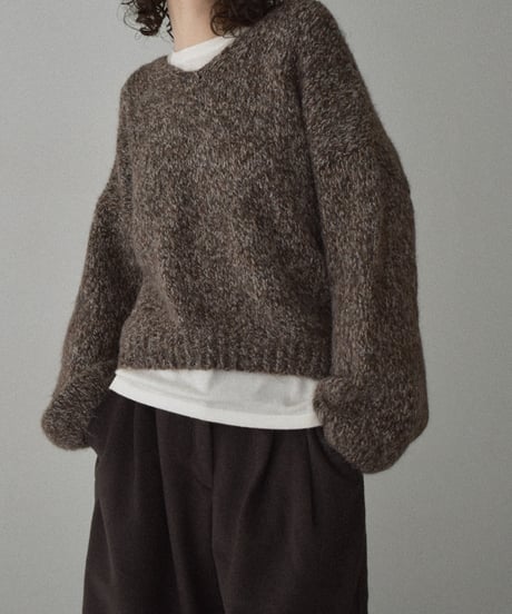 knit-02361　ボリュームスリーブ MIXカラー Vネック ニット　ブラウン　グレー