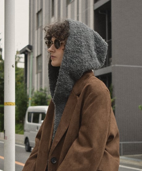 knit-02350　ブークレ フードニットプルオーバー　エクリュ　グレー