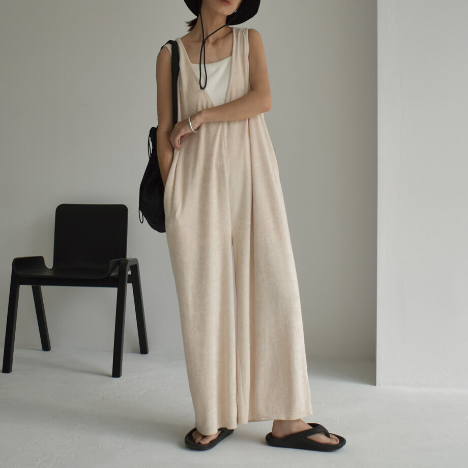 onepiece-07003 パイル 深Vネックオールインワン オフホワイト