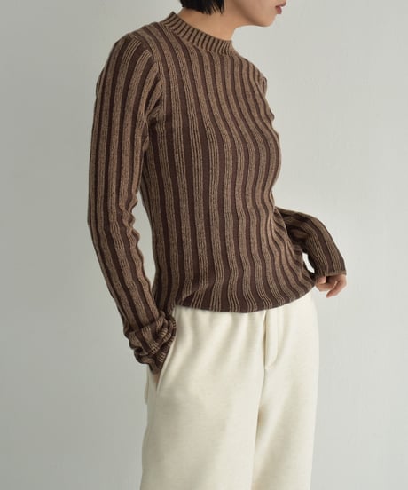 knit-02313　バイカラー コットン リブ ニット　ブラウン　ブラック
