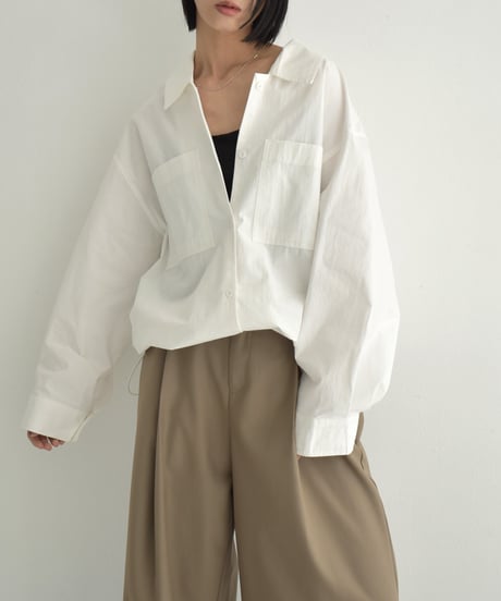 tops-02519　ドローストリングオーバーサイズシャツ　ホワイト　ブルー