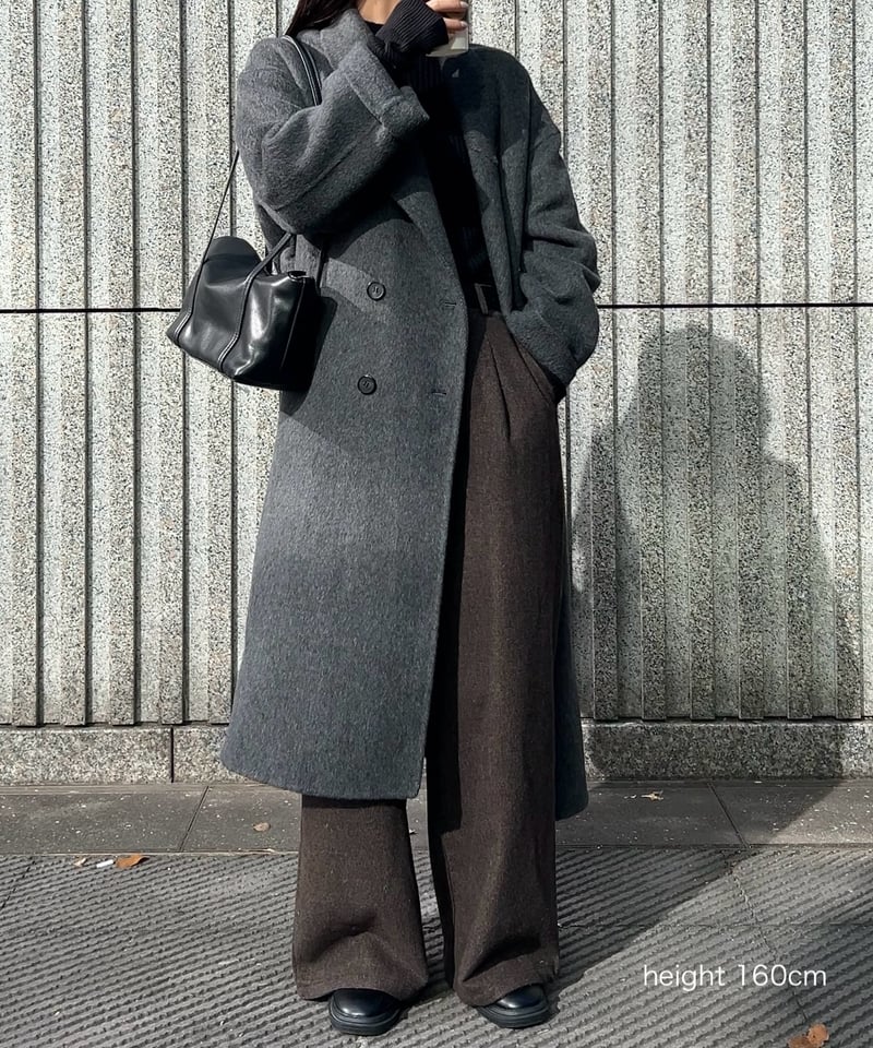 coat-02054 シャギー ウールコート リバー仕立て グレー ブラック | L