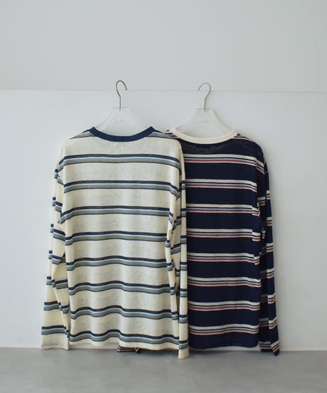 エクリュのみ 6月中旬入荷分　予約販売　nh-tops-02598　シアー マルチボーダー ロンT　エクリュ　ネイビー