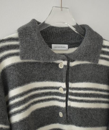 knit-02368　ポロカラー ボーダー ニット　グレー　ブラウン