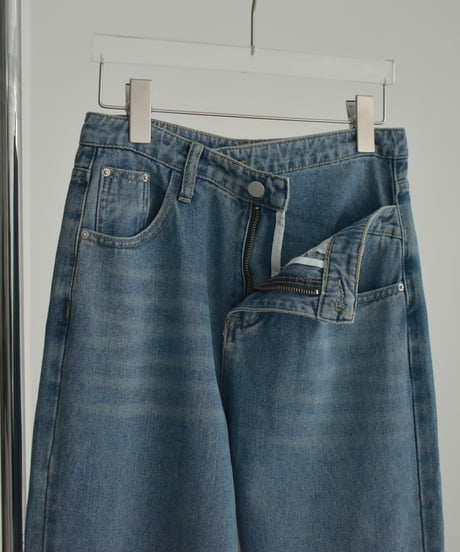 bottoms-02232　ウエストデザイン ストレートデニム ウォッシュブルー