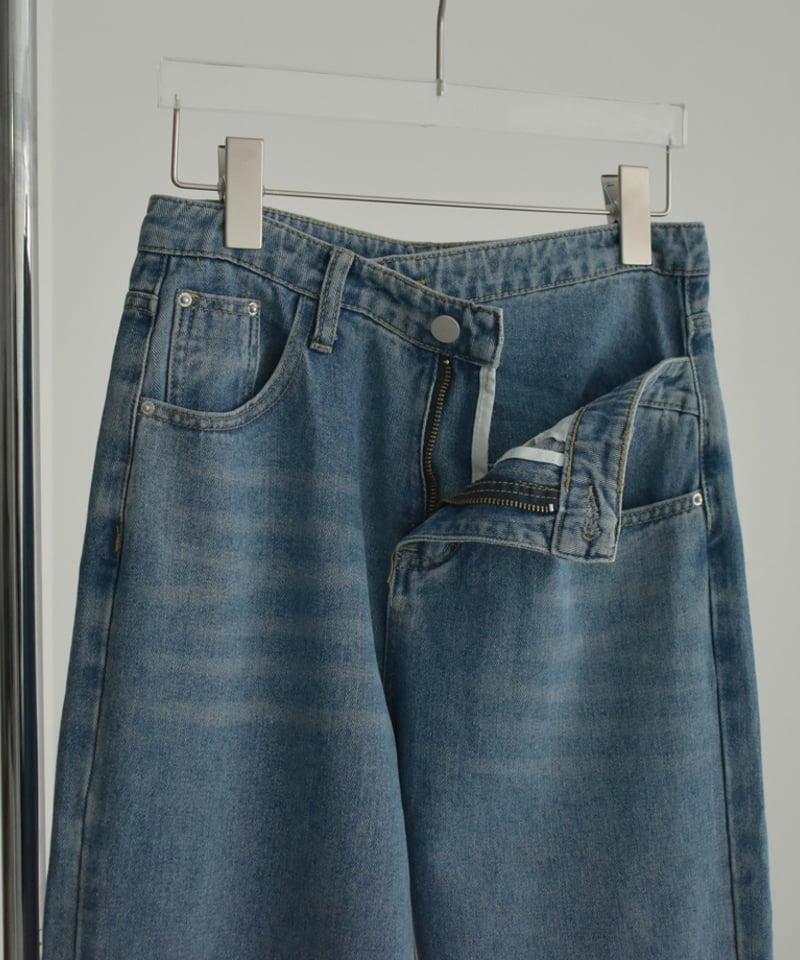 bottoms-02232 ウエストデザイン ストレートデニム ウォッシュブルー