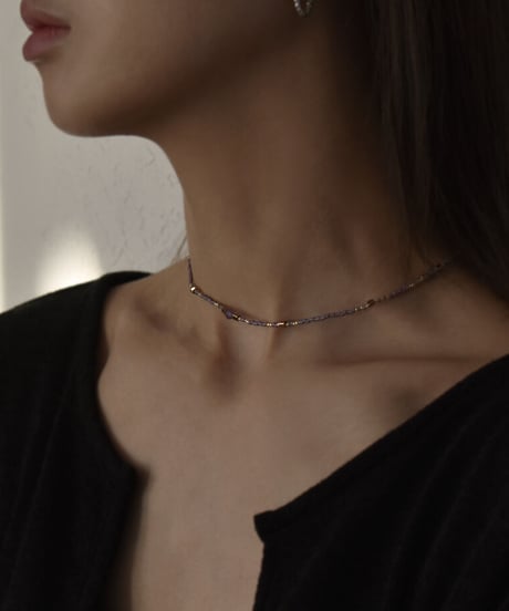 mb-necklace2-02047　ランダムビーズ ショートネックレス　ホワイト　パープル　グリーン　モカ　ブラウン　ブラック