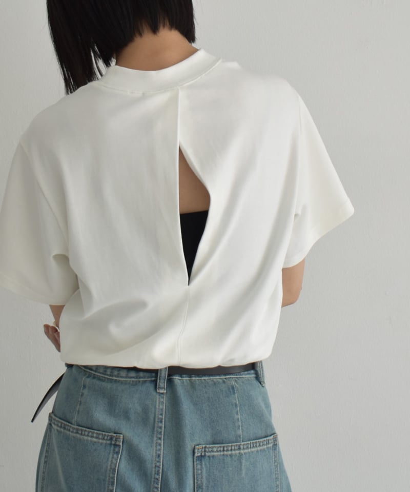 tops-02555 バックスリットTシャツ ホワイト ブラック | L