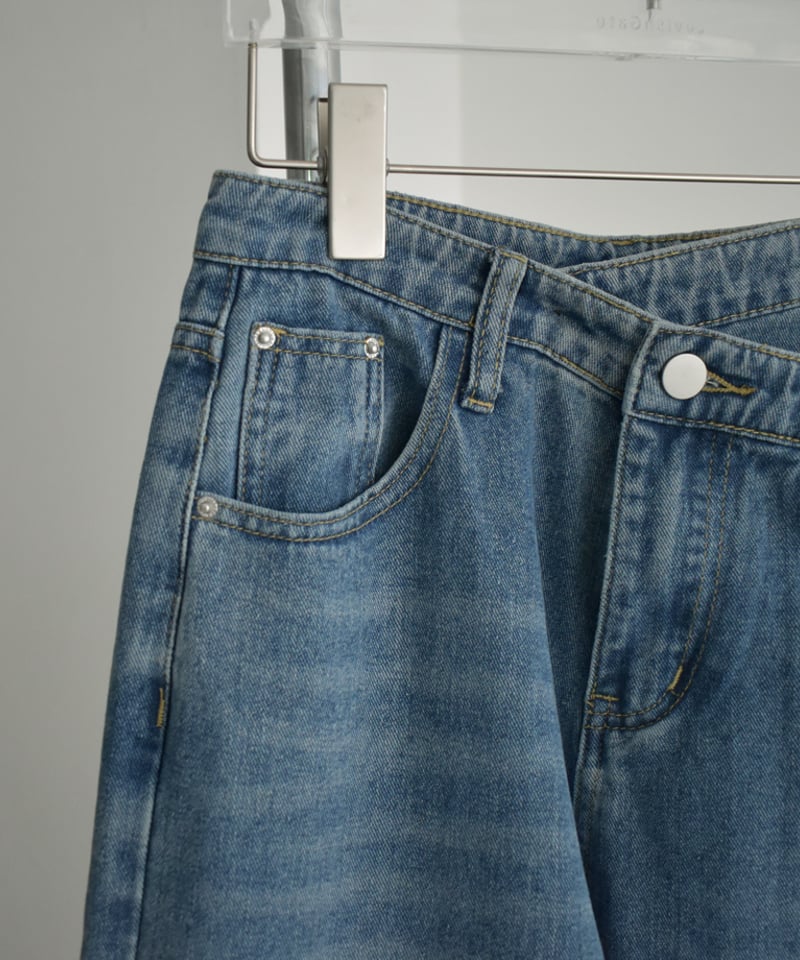 bottoms-02232 ウエストデザイン ストレートデニム ウォッシュブルー