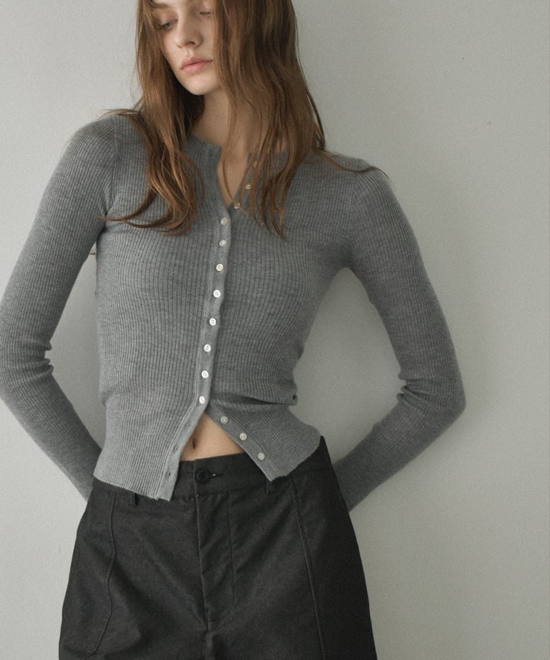 knit-02347 シェルボタン リブ ニット カーディガン グレー ネイビー