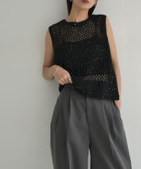 knit-02272　スパンコール メッシュ ニット トップス　エクリュ　ブラック
