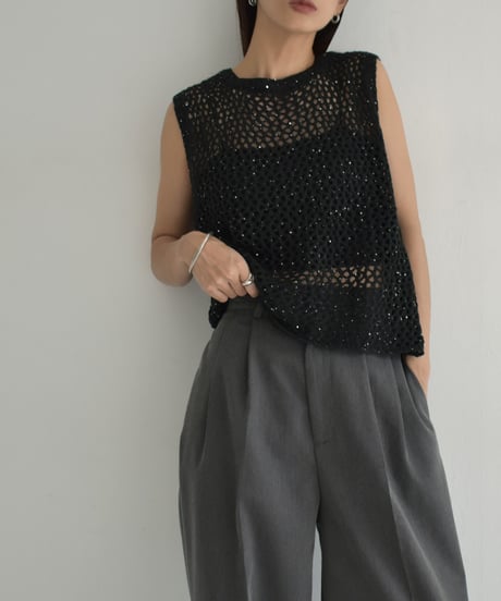 knit-02272　スパンコール メッシュ ニット トップス　エクリュ　ブラック