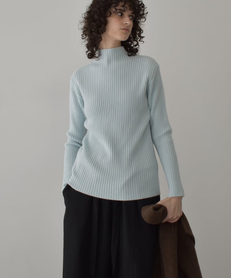 knit-02358 リブ ハイネック ニット トップス オフホワイト アイス
