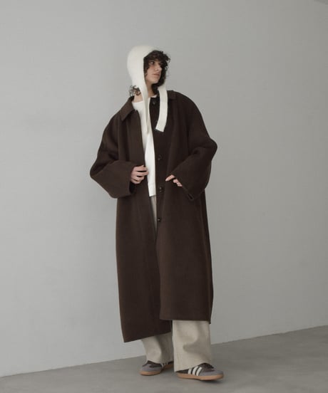 coat-02064　カシミヤ混 ウール ステンカラー ロングコート リバー仕立て　ブラウン