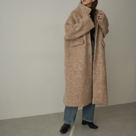 coat-02037　スタンドカラー ウールシャギーロングコート　ベージュミックス