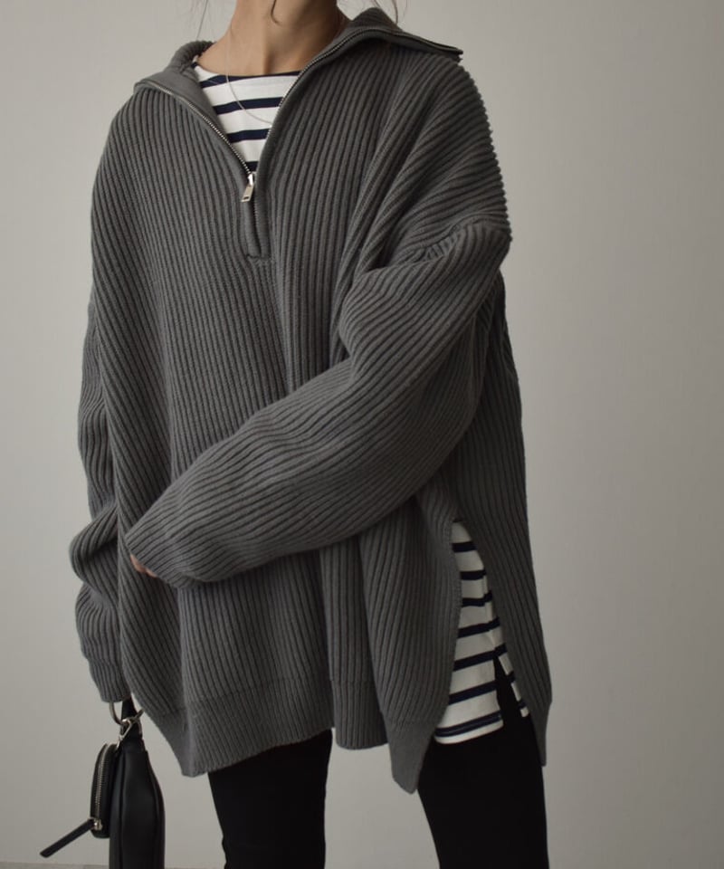 knit-02171 サイドスリット ハーフジップニット ベージュ knit-02171 サイドスリット ハーフジップニット ベージュ