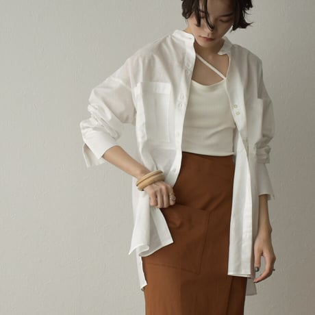 tops-04098　日本製　リネン混　ビッグポケットシアーシャツ　オフホワイト　クリーム　ブラック