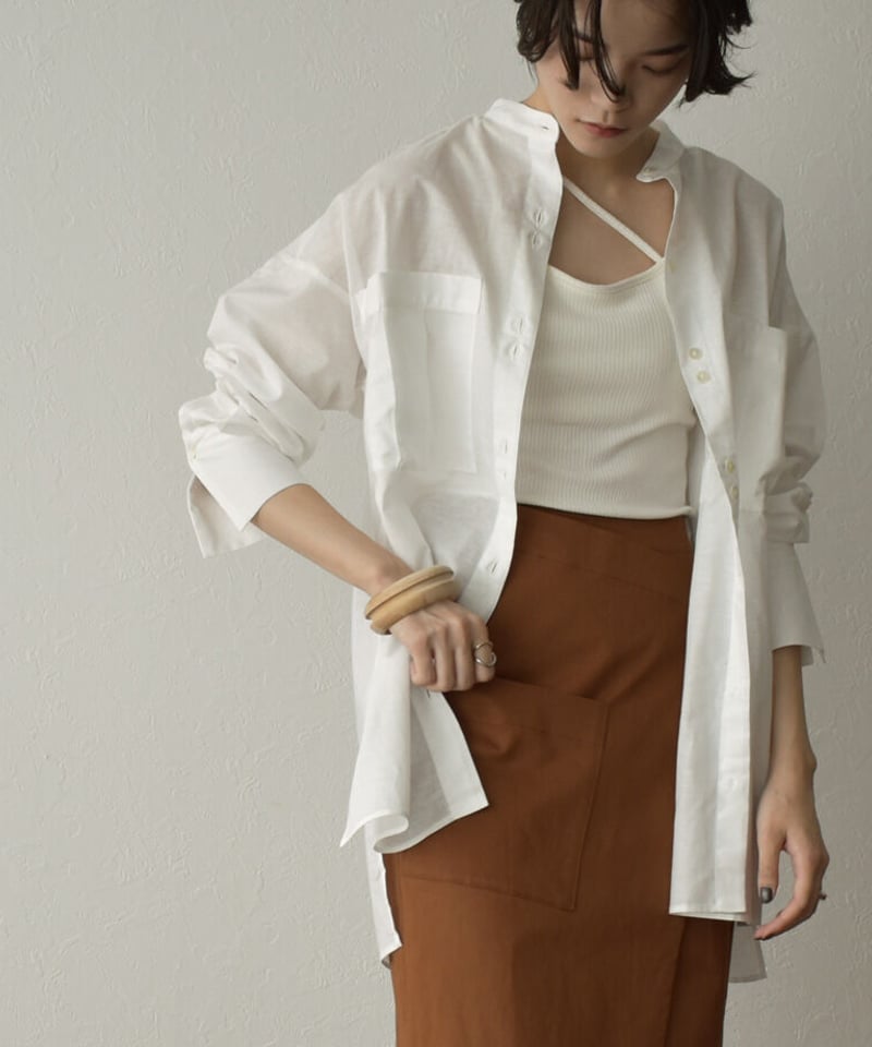 tops-04098 日本製 リネン混 ビッグポケットシアーシャツ オフホワイト