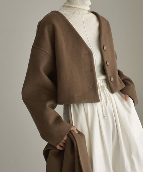 coat-13008　ストール付き　ウール ショートコート　モカ　ブラック